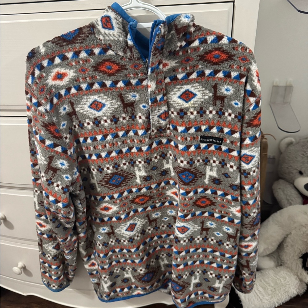Southern Marsh Men's Aztec Zip-Up Sweater - Gray, Blue, and Orange